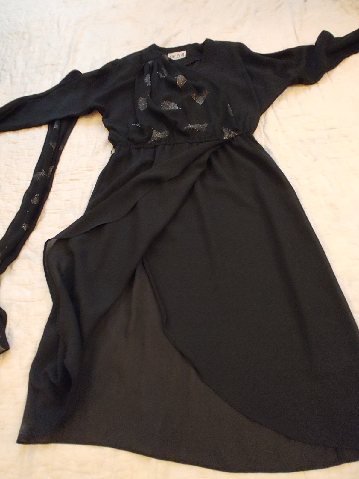 Vintage 80s Black Chiffon Faux Wrap Dress Sally III Disco Cocktail Chic sz M