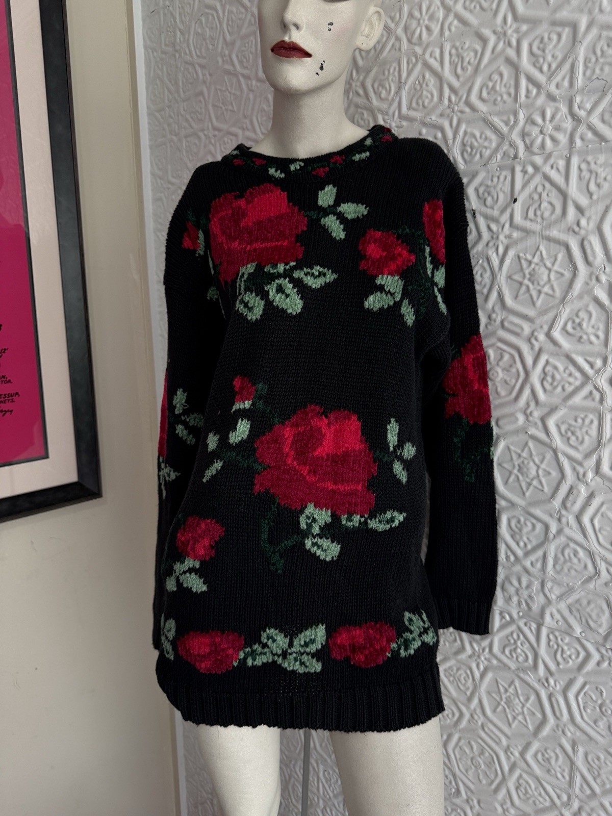vintage 1980s/90s black floral intarsia sweater chenille cotton roses oversize M
