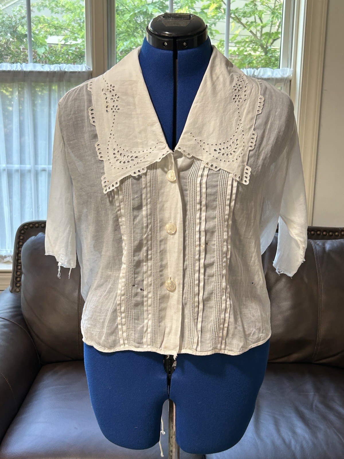 Antique Sheer Blouse With Heavy Shell Buttons Size 38