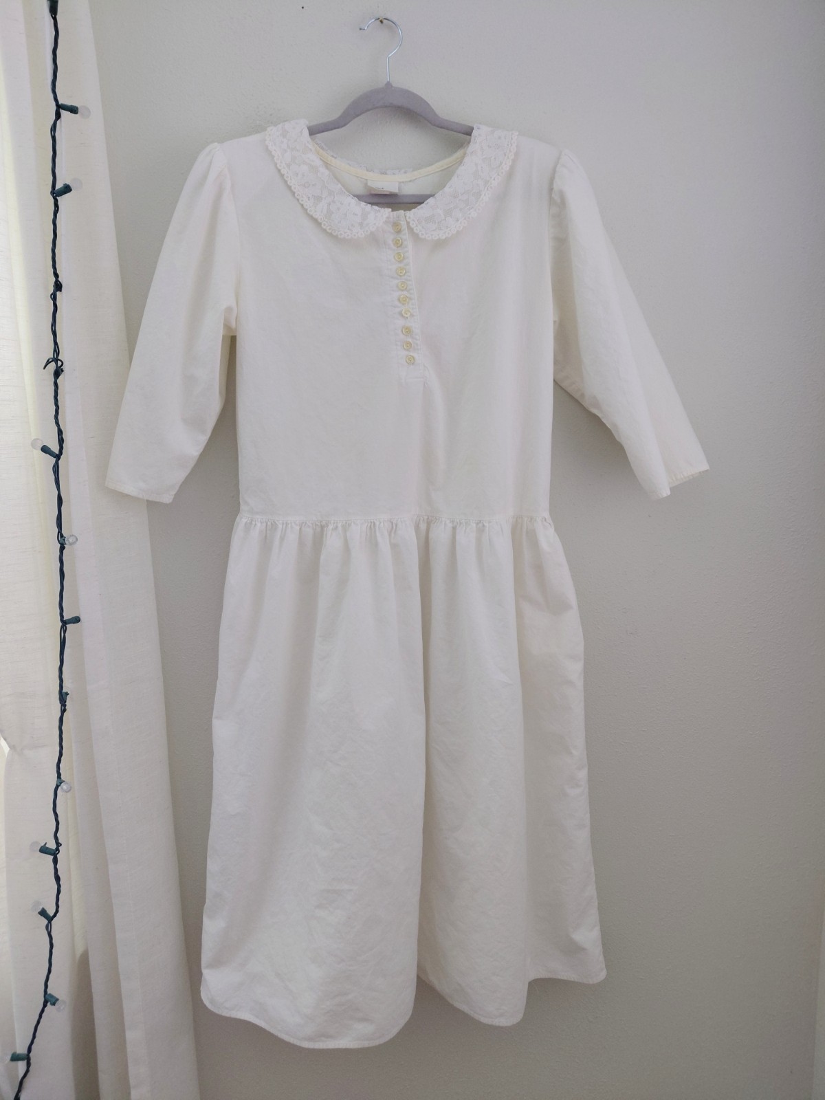 Vintage Victorian Cottage Prairie Style Ivory Cotton Midi Dress Peter Pan USA