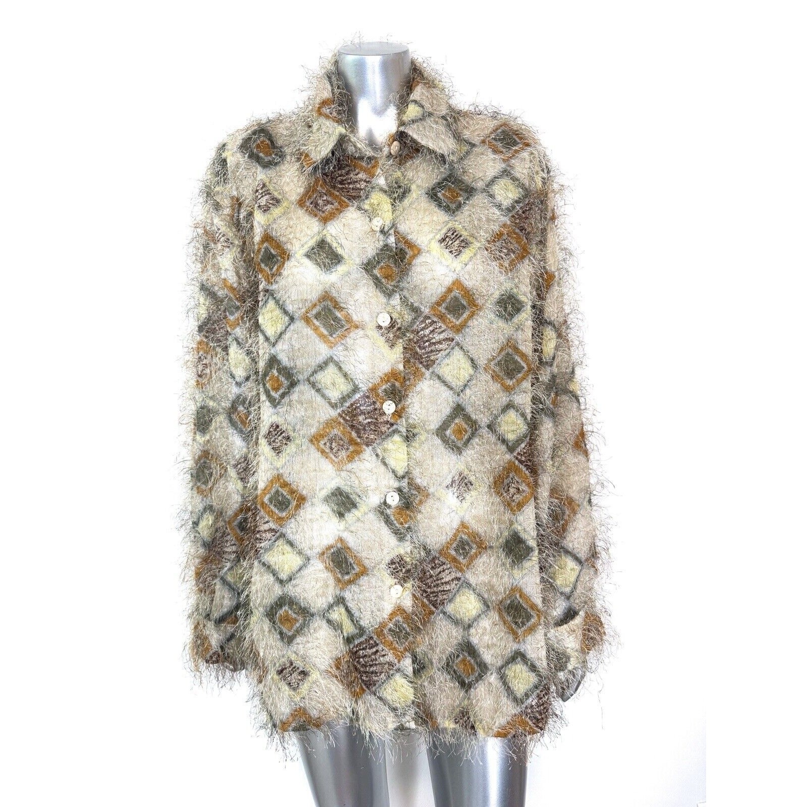Vintage Art Deco Top Women’s XL Retro Fuzzy Eyelash Detail Shirt Geometric