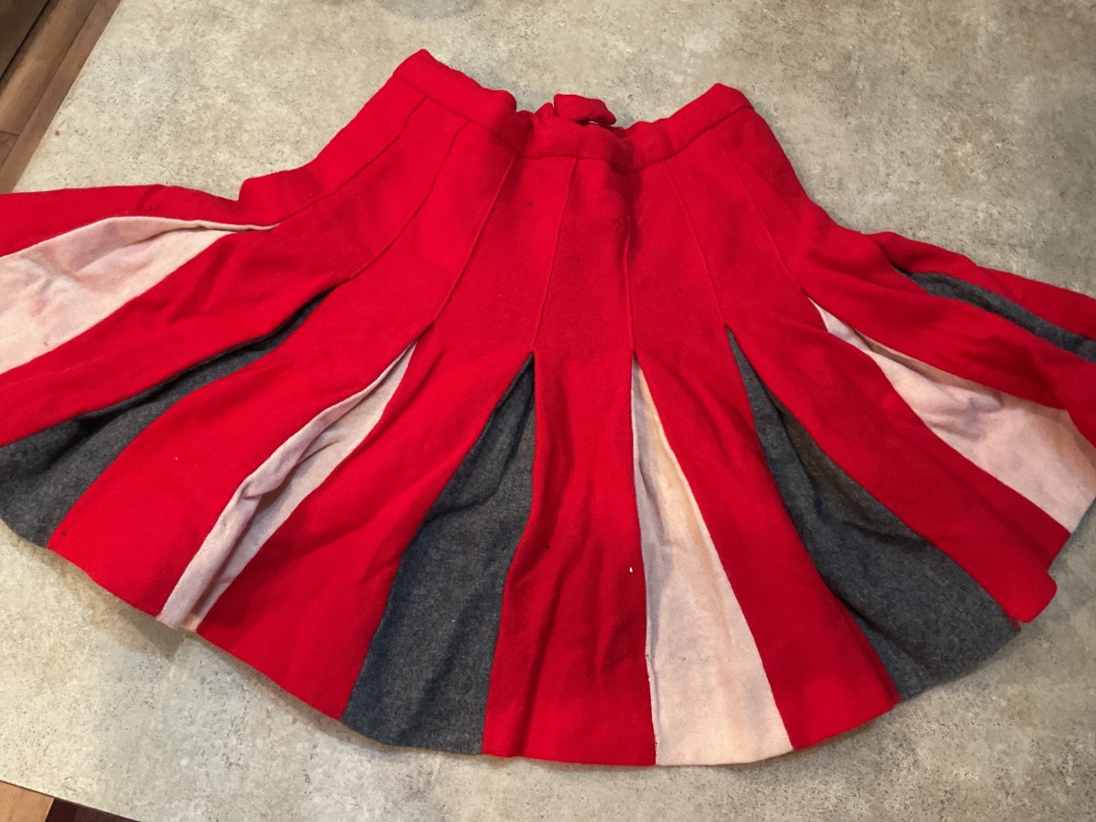 VTG Cheerleader Wool Pleated Cheer Skirt Red, Grey ,White 24” Waist