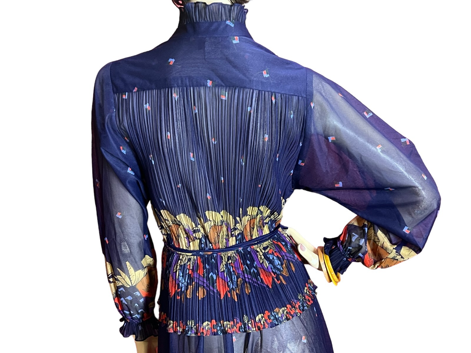 S-M 10 Petite Vtg 80s Sheer Dress Knife Pleats Peplum BLUE Japan Floral Print