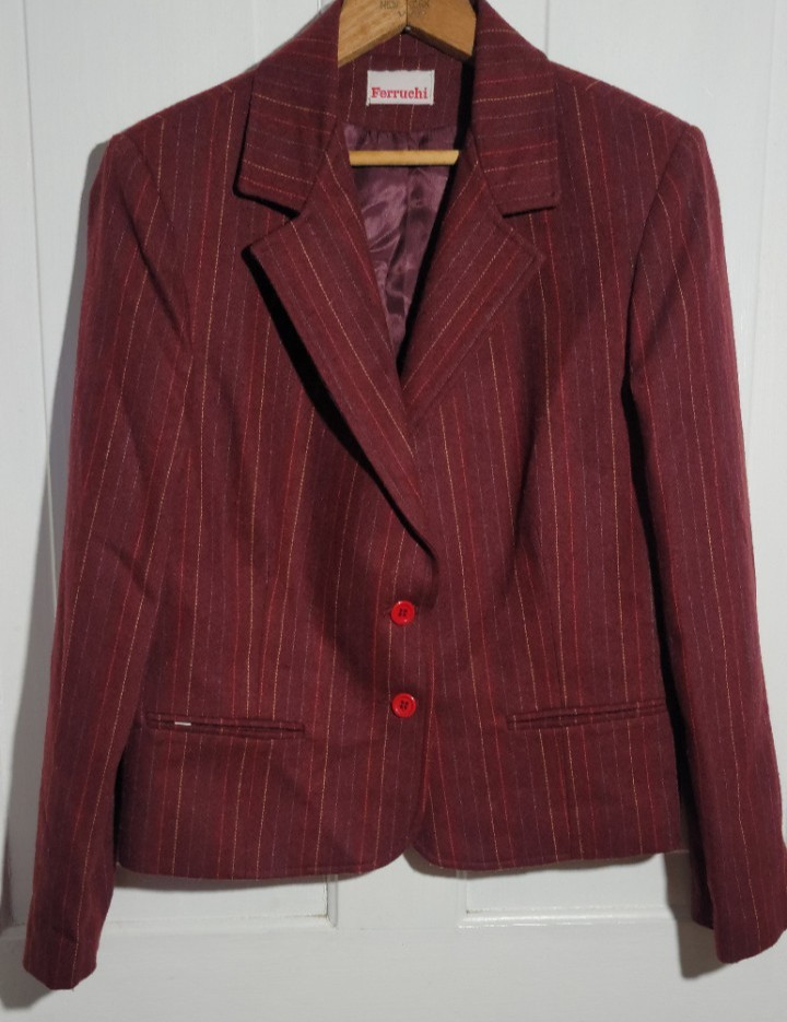 70s VTG Tailored Burgundy Pinstripe Blazer Jacket Wool Lined Pockets M Boss Lady