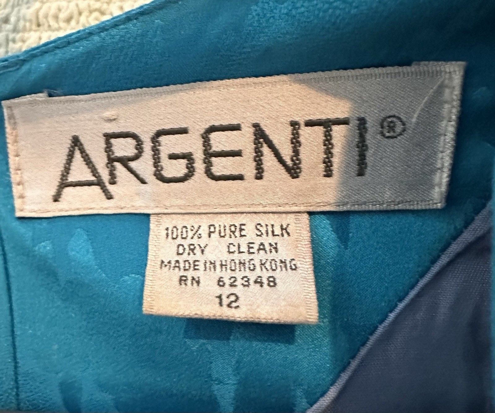 Vintage Argenti Pure Silk Teal Jacquard Dress Ruched Side Knot Size 12 43″ Midi