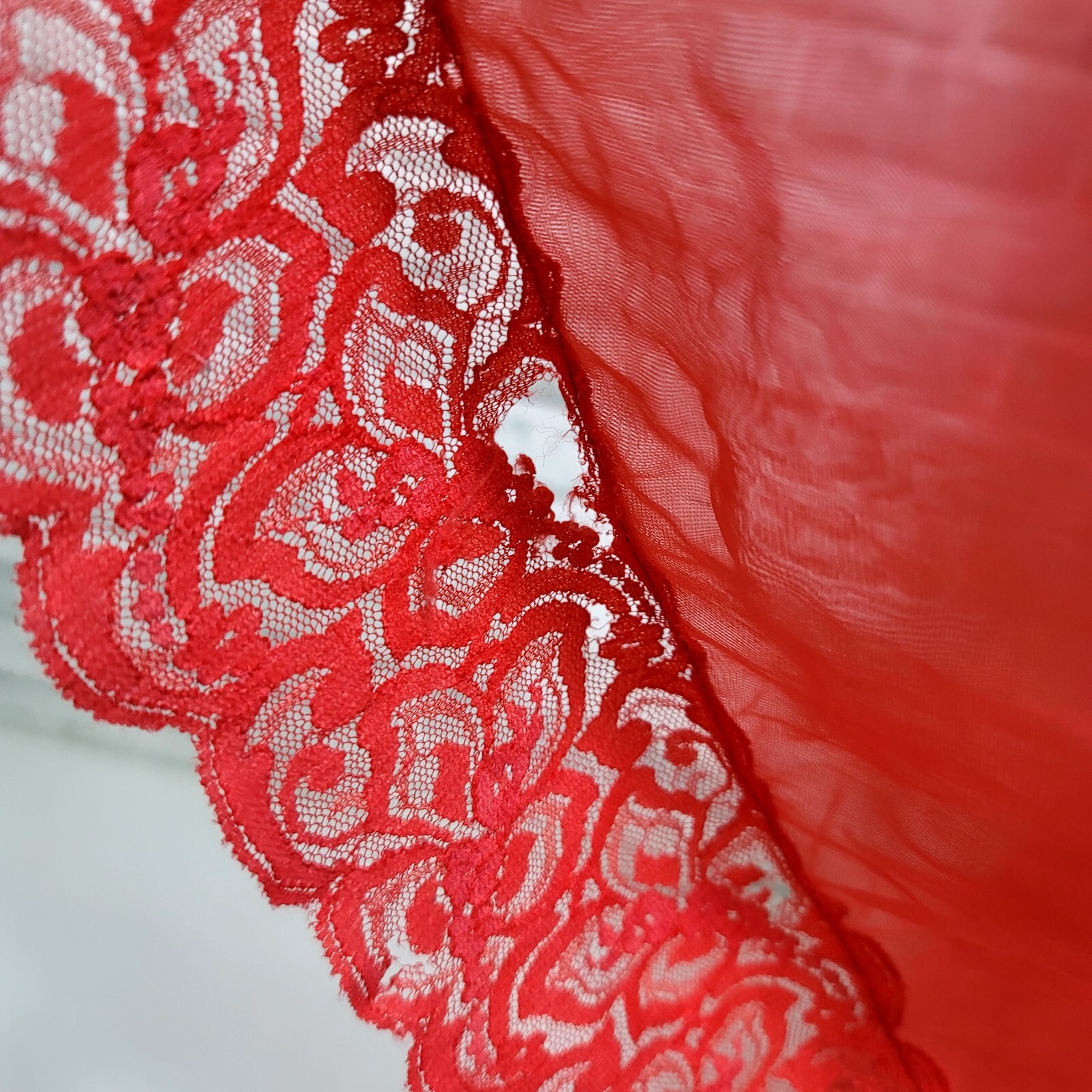 Vintage 70s CHIC Lingerie Size S Red Nylon Full Length Lace Trim Robe Glam
