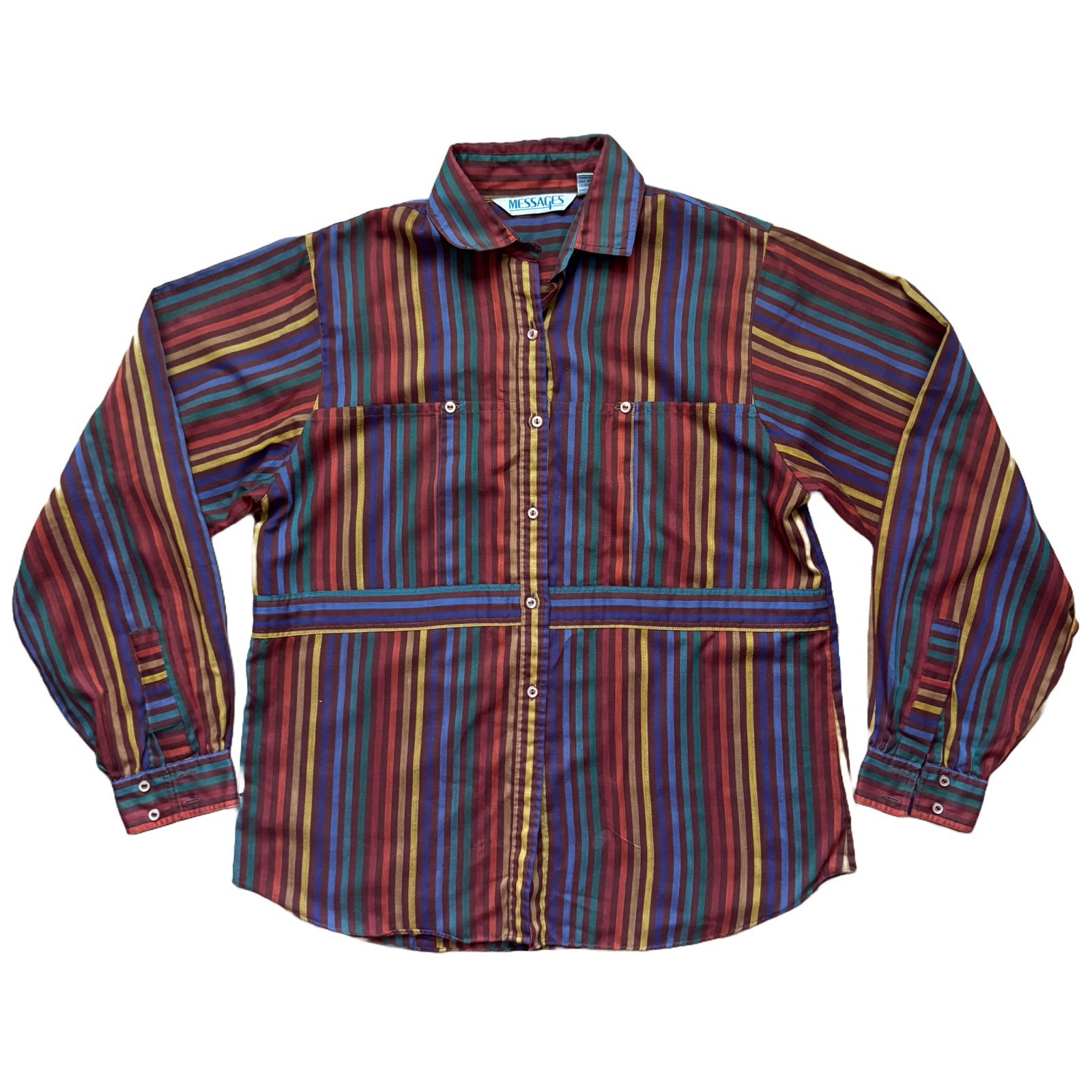Vintage 80s Vertical Striped Button Light Shirt Messages Womens Sz 10 Multicolor