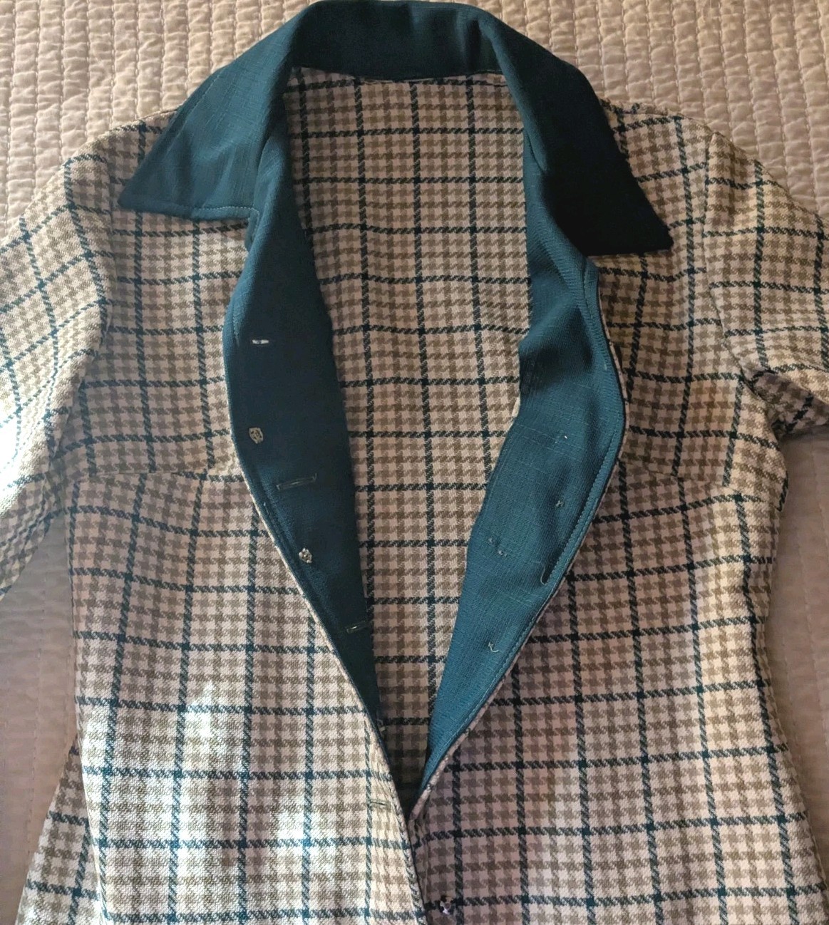 Vintage Handmade 70s Mod Plaid Shirt Dress Teal Collar Cuffs A-Line Retro Style
