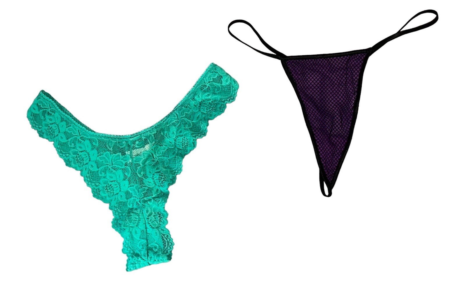 Lot of 2 Fredericks of Hollywood Green & Purple Fishnet G-String Panties L/XL