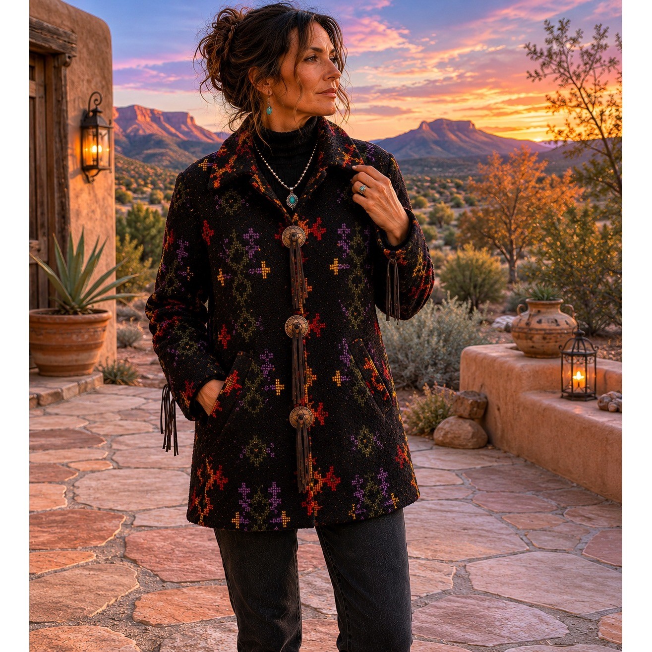 Vtg Doncaster Wool Blend Coat Women 8 Black Southwest Concho Fringe Aztec Navajo