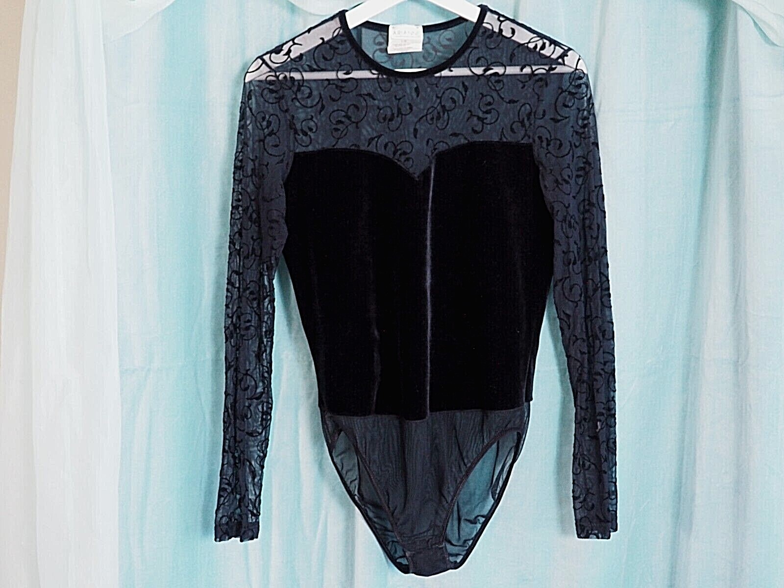 VTG Arianne Black Lace Velvet Sheer Lingerie Long Sleeve Bodysuit Playsuit Sz L