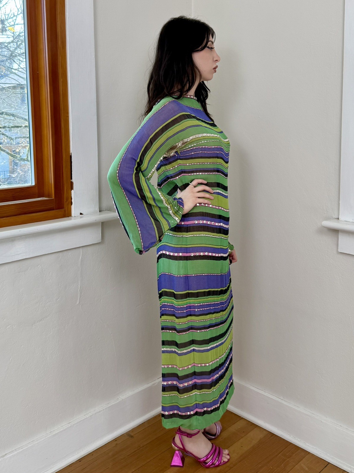RARE AS IS 1970s Pauline Trigere Silk Glass Rhinestone Bell Sleeve Kaftan Dress