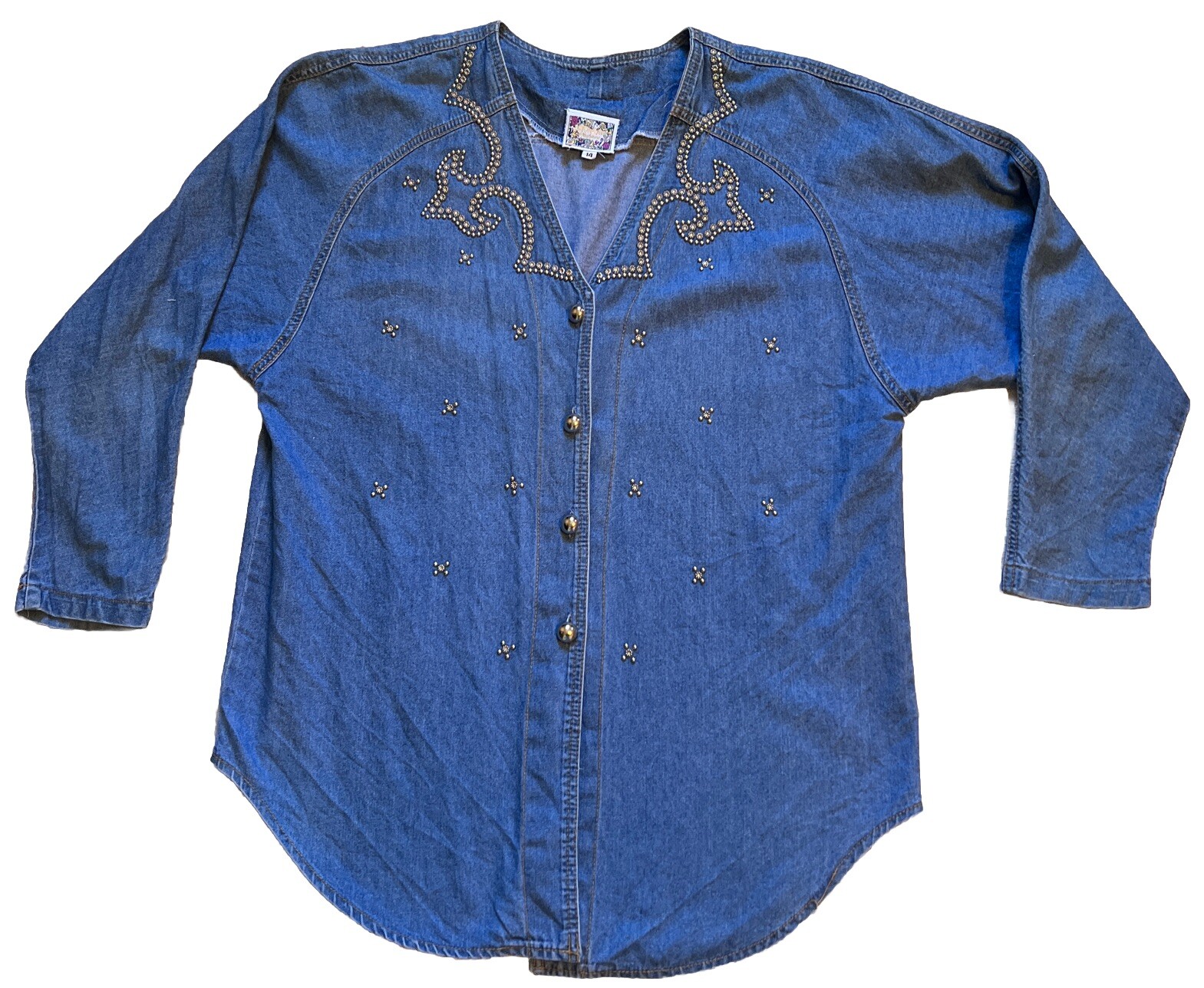 Vintage Women’s Denim Western Button Shirt Studded Cowgirl Prairie Rodeo Size 14