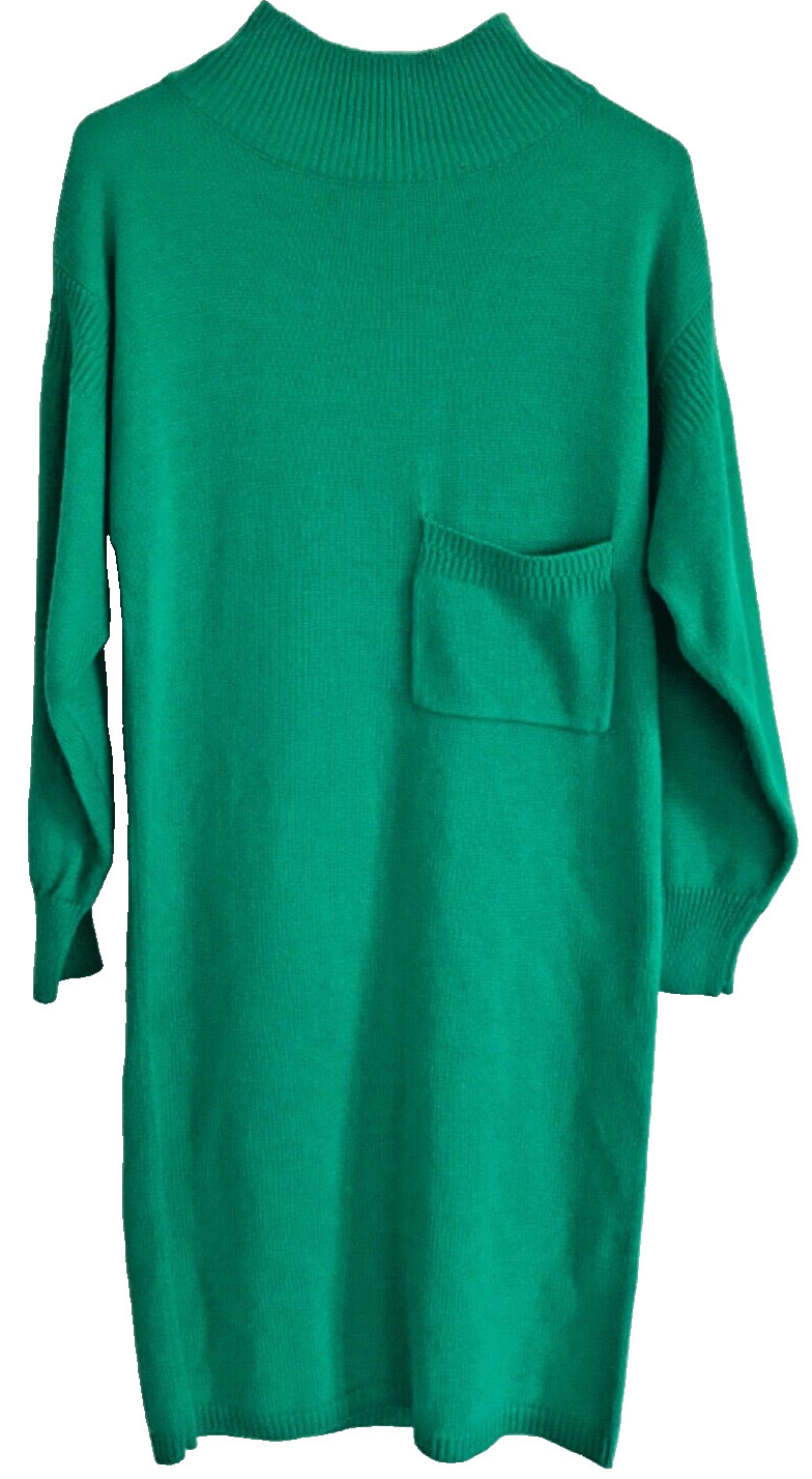 Vintage Green Felted Long Sleeve Dress, Midi Handmade Retro Collar