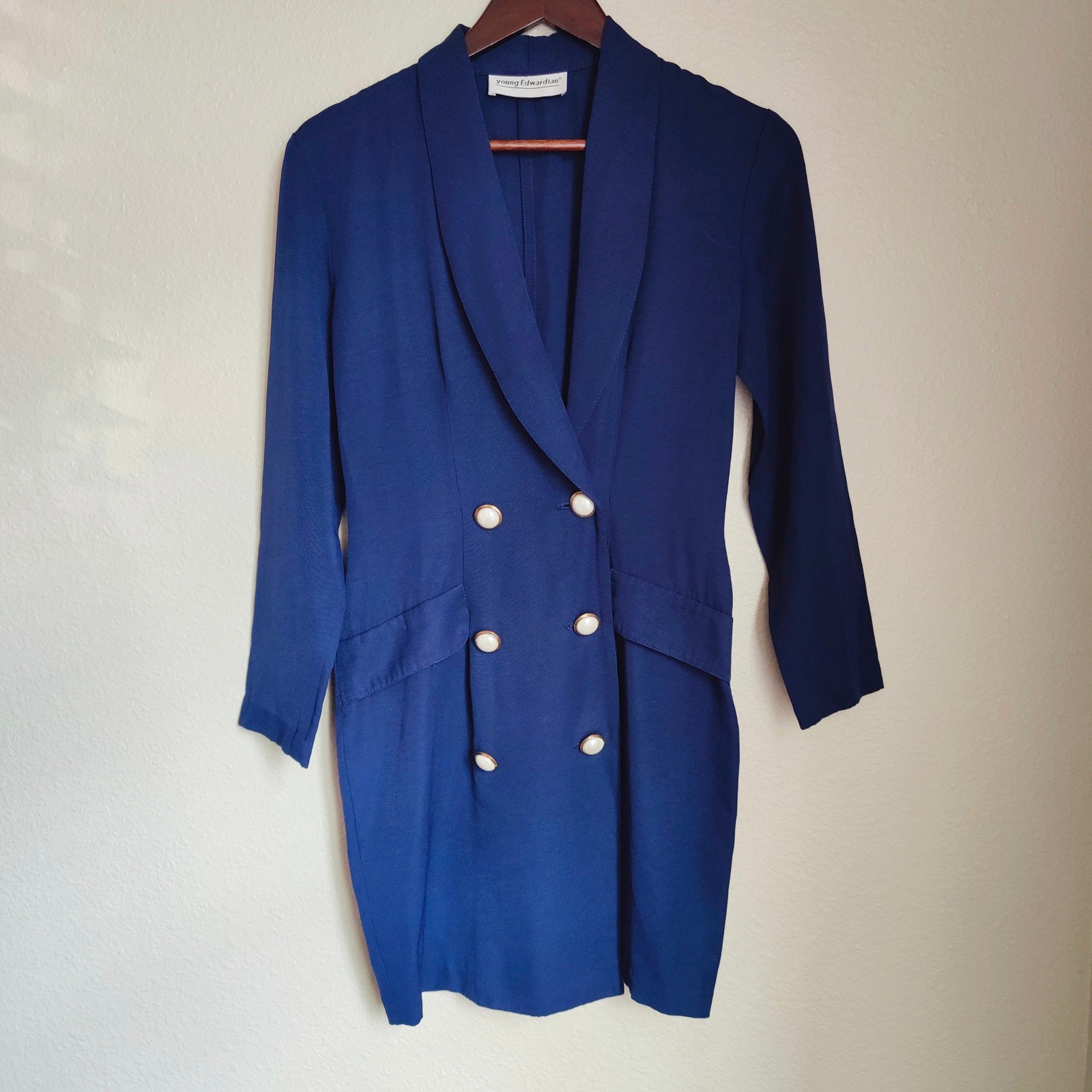 Vintage 80s Young Edwardian Royal Blue Blazer Dress Pearl Buttons Retro Sheath