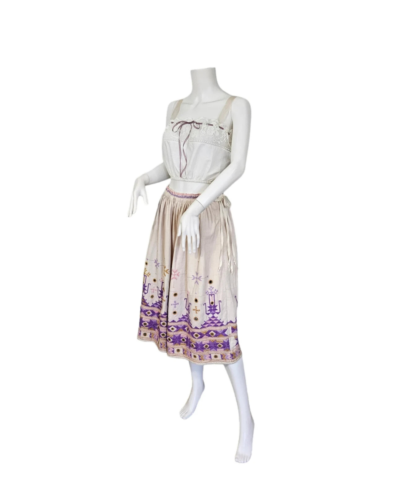 Vintage1970’s Taraliya Homespun Ivory Cotton Lavender Embroidered Mirrored Skirt