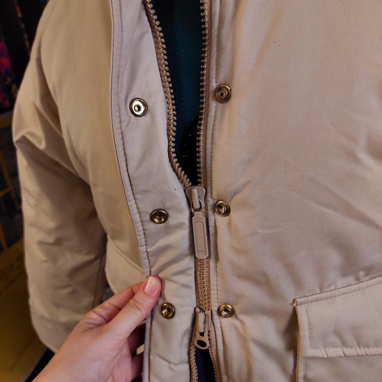 Vintage JCPenny tan and navy puffer with double zipper and removeable hood.