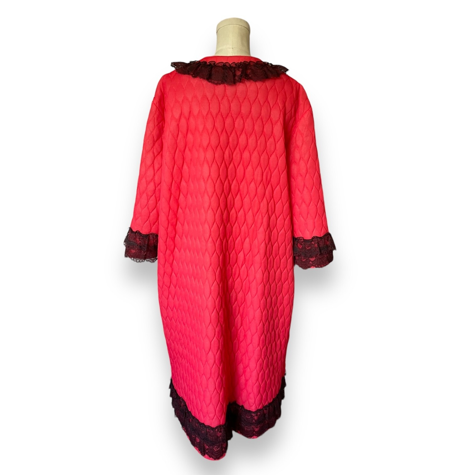Vintage 50s 60s Paulette Red Quilted Loungewear Robe Black Lace Sz 16 House Coat