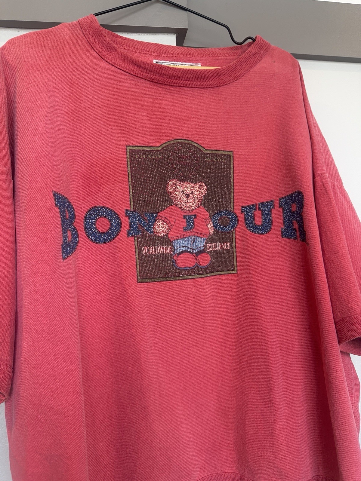 Vintage Bonjour Teddy Bear Graphic T-Shirt Pink Oversized 100% Cotton One Size