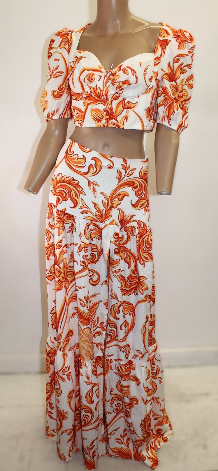 Banjul Vintage 2 Piece Floral Set w Puff Sleeves Cropped Bodice Slit Skirt SizeM