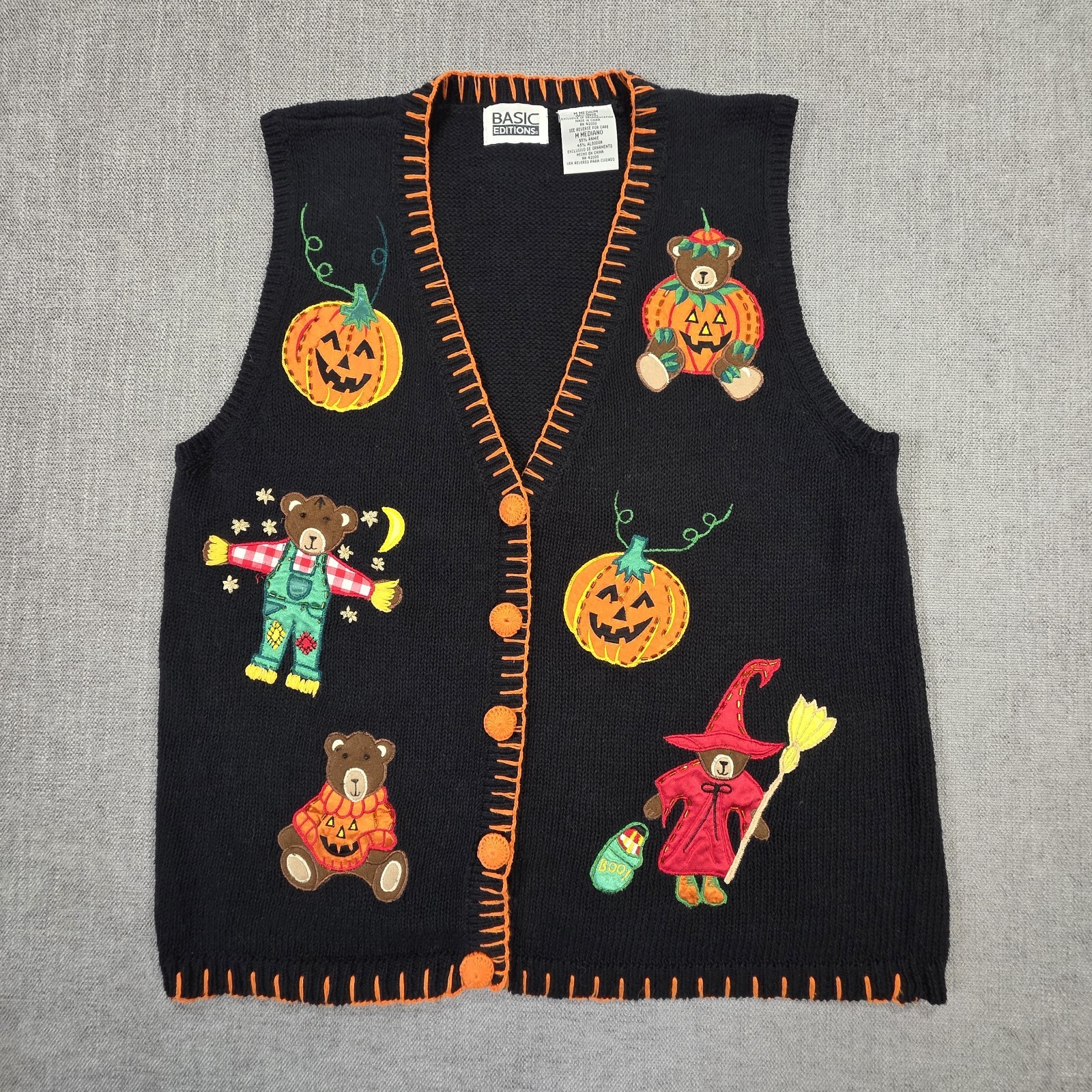 Vintage 90s Basic Editions Halloween Sweater Vest Bears Pumpkins Witch Medium
