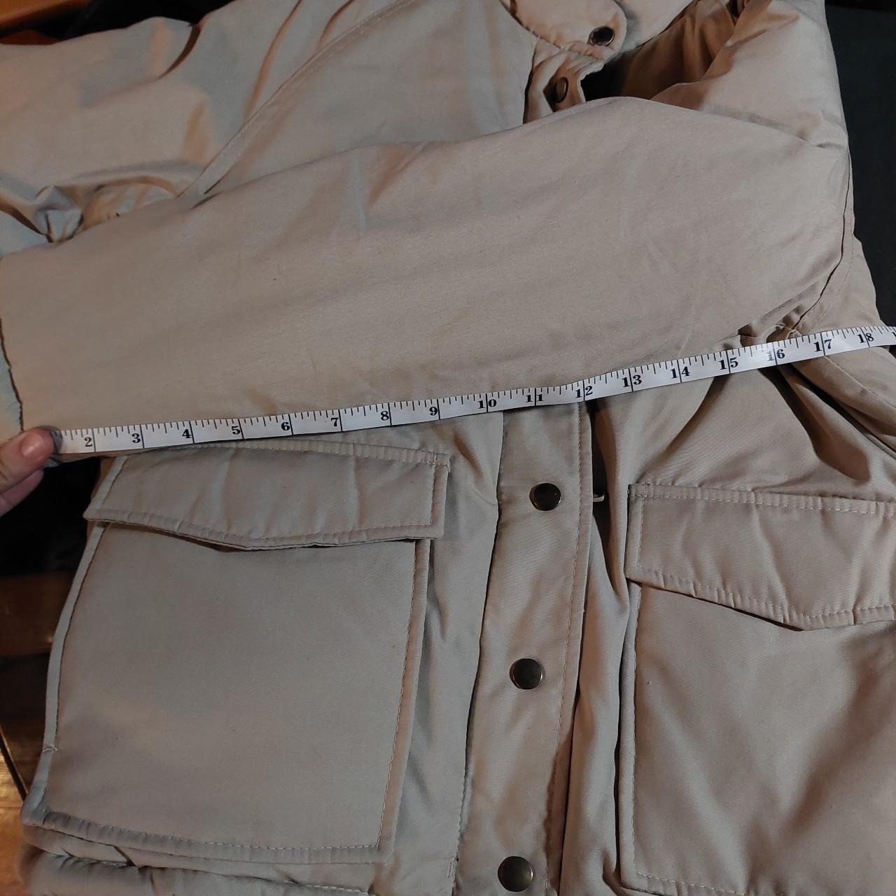 Vintage JCPenny tan and navy puffer with double zipper and removeable hood.
