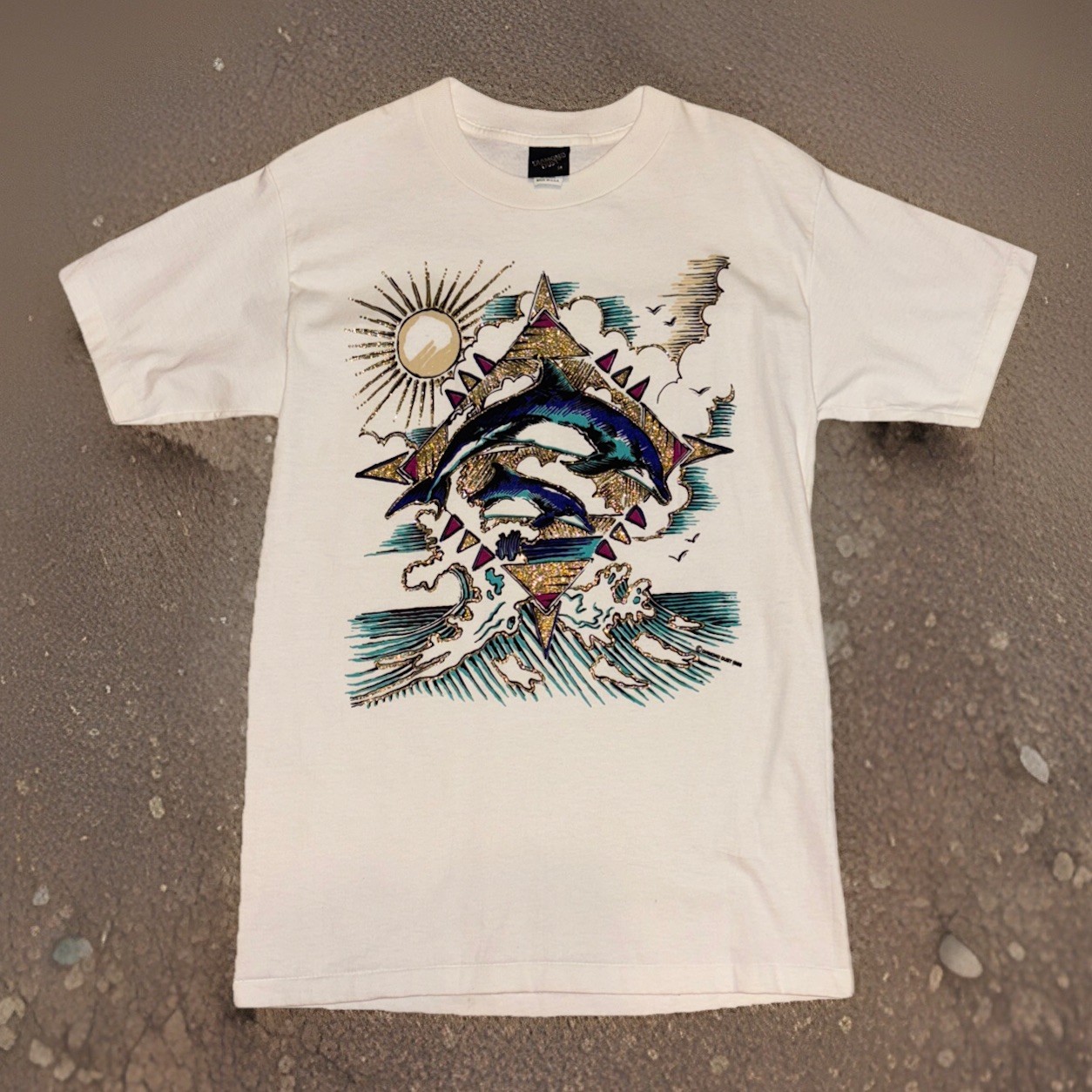 Vintage White 90’s DIAMOND DUST Glitter Dolphin T-shirt Medium single stitch