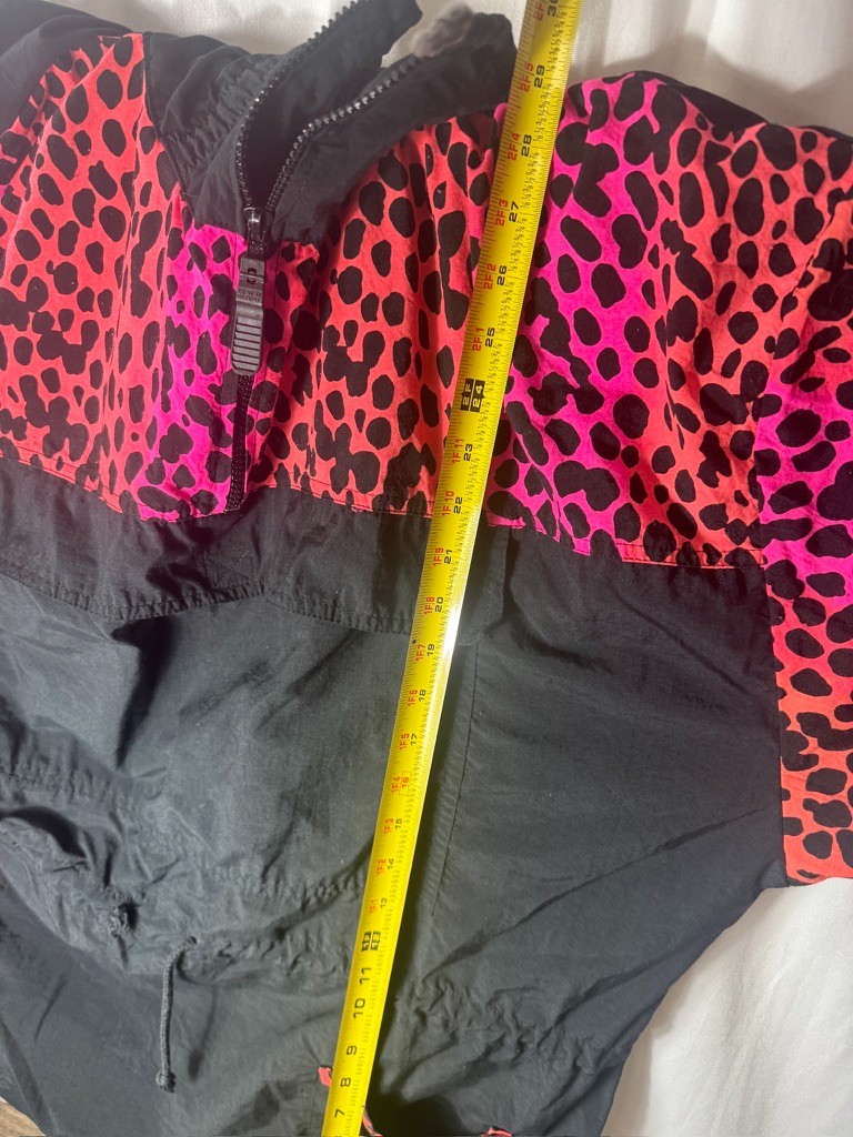 VTG ‘90’s SHELL SHOCK Black/ Neon Pink & Orange Leopard Print Windbreaker Sz L