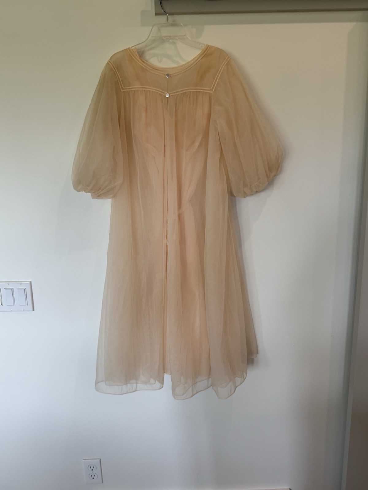 Vintage Van Raalte Peach Nylon Nightgown Robe Set Floral Embroidered Sheer 34