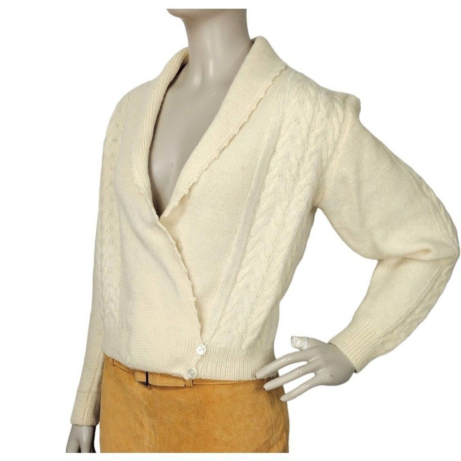 Vintage 70s Alpenblick Alpaca Wool Blend Cable Knit Shawl Neck Surplice Cardigan