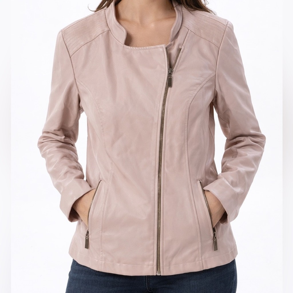 Dennis Basso Vintage Blush Pink Leather Zip Up Jacket Women’s Large