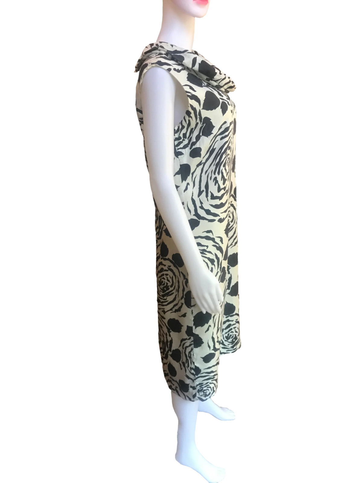 Vintage 1960s Raw Silk Sleeveless Sheath Cowl Neck Floral Print Size L