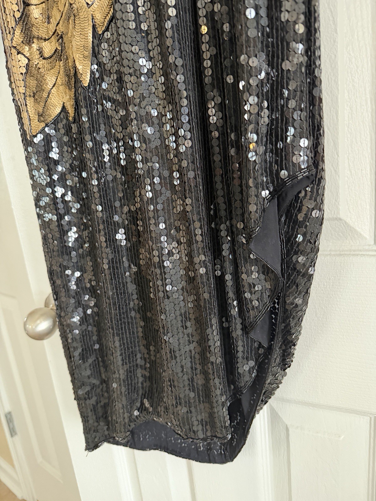 VTG Sequin Gown Dress 100% Silk 90s Black Gold Ruched V Neck Mob Wife Disco