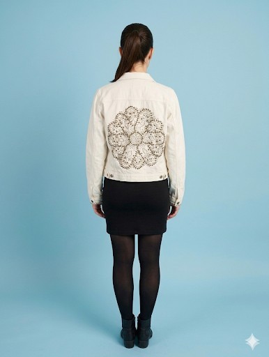 Lucky Brand Studded Denim Jacket XL White Cream Heavy Metal Studs Boho Medallion
