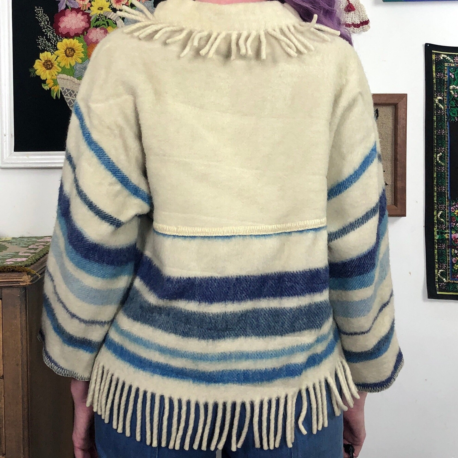 Vintage Lapp Lander Blanket Sweater, 70s Cream & Blue Fringed Wool Mockneck Sz S