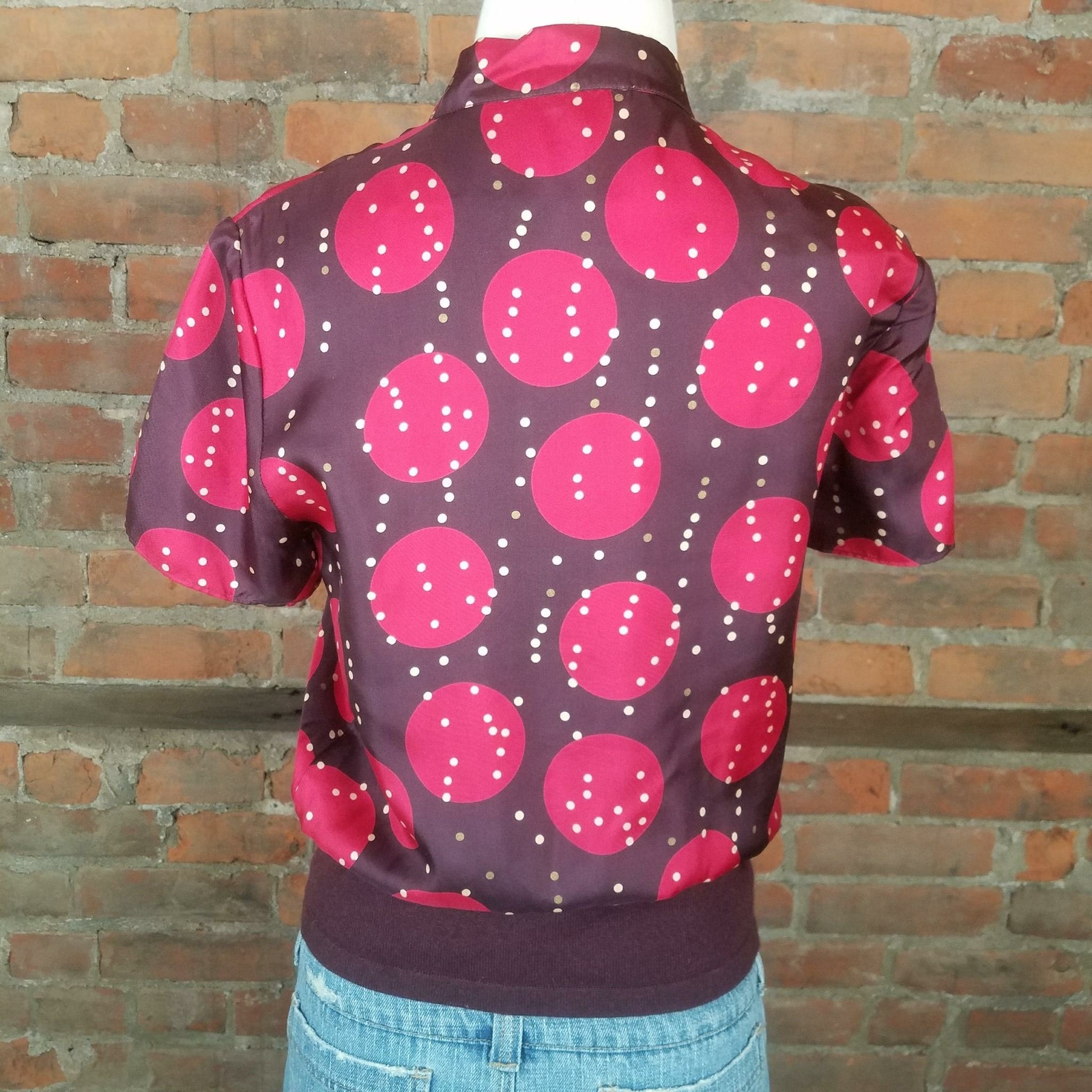 Vintage Armand Ventilo Womens Brown w/ red White Dots Size 40/S Top Assymetric