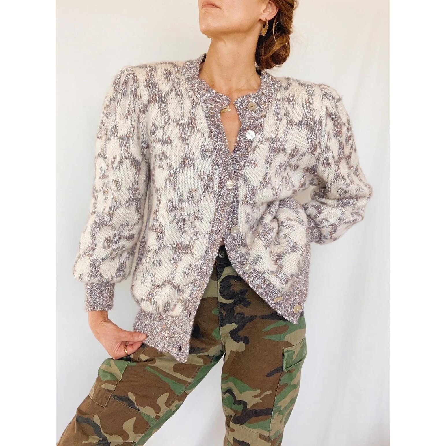 Vintage 80’s Rochelle California Chunky Floral Cardigan atomic Fleck Grandmacore