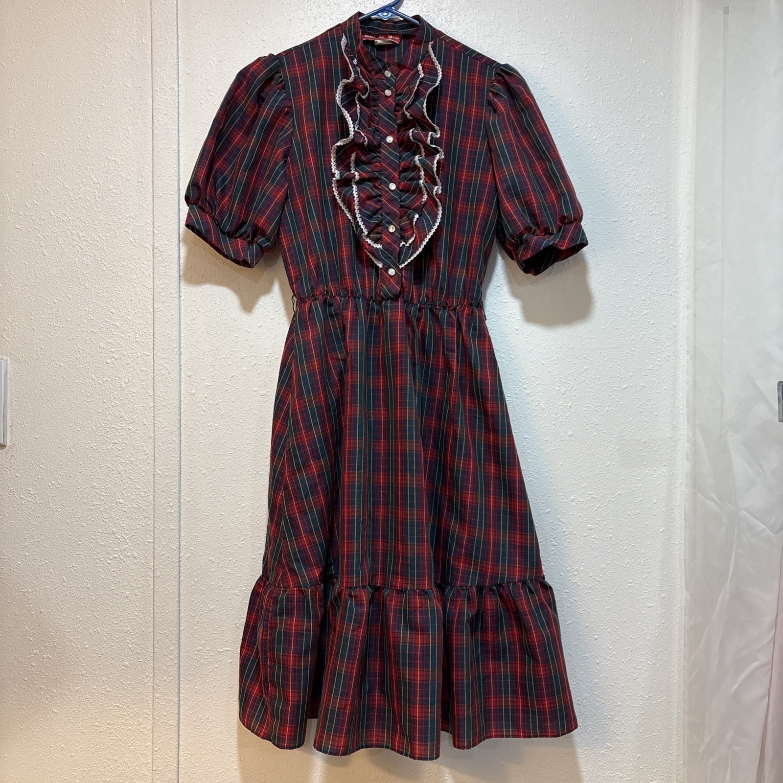 80’s Tartan Ruffled Front Plaid Red Green Yellow Plaid Western Prairie Dress
