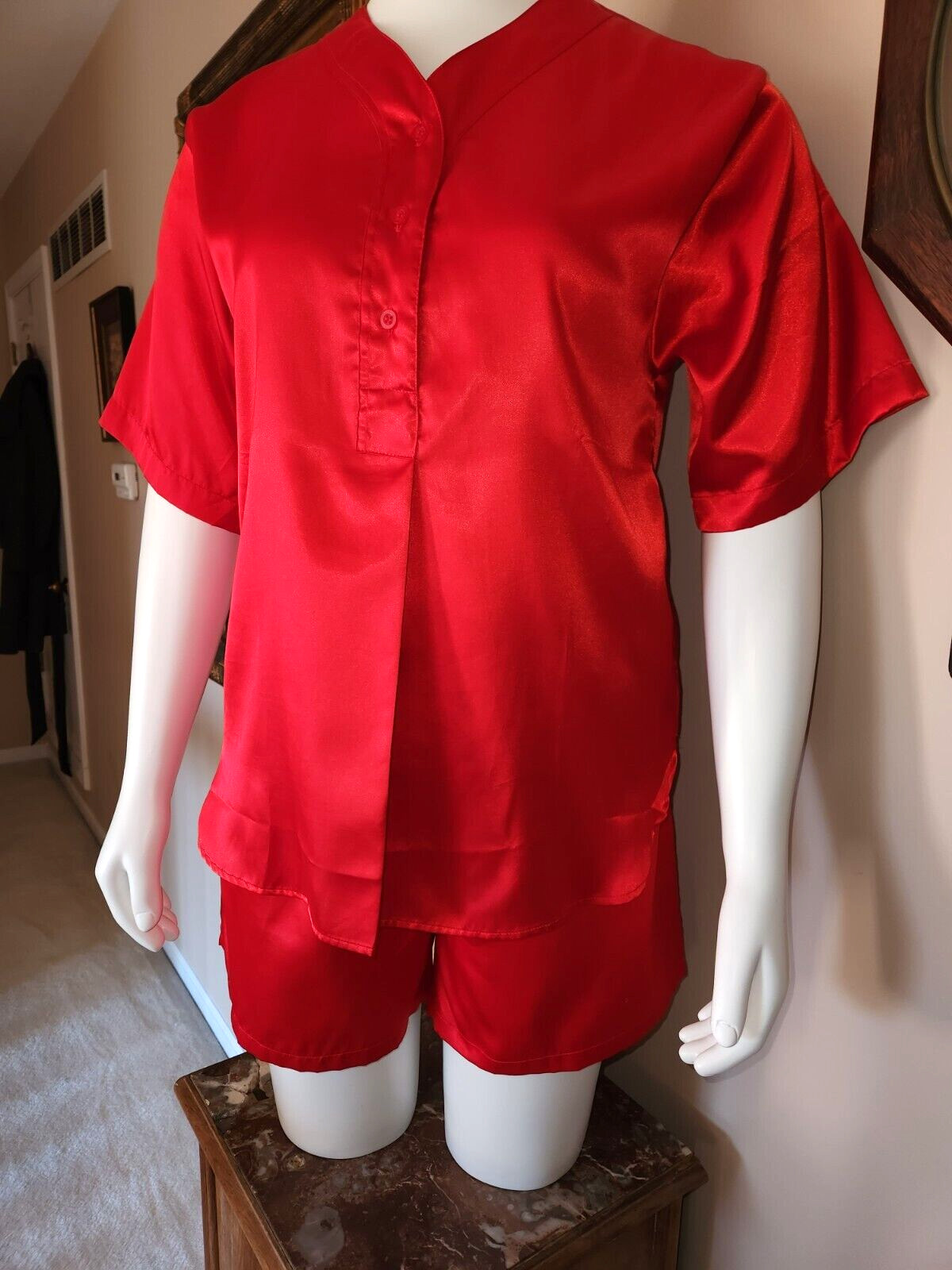 Vintage ESLEEP New York Lipstick Red Satin Pajama Lounge Sz M Top & Shorts Set