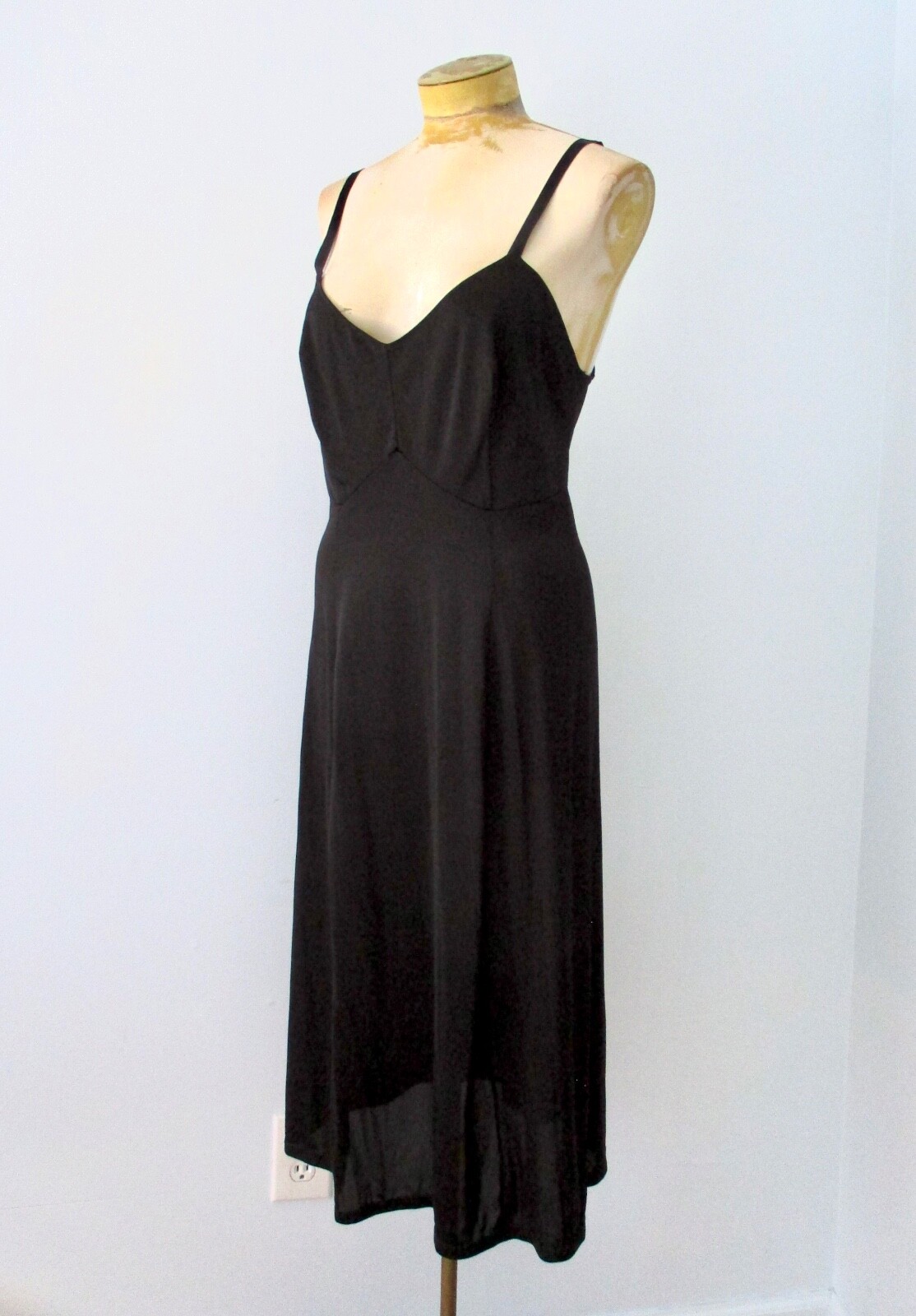 Vtg 50s 60s Wolverine Black Nylon Knit Full Midi Slip Ribbon Straps Burlesque 38