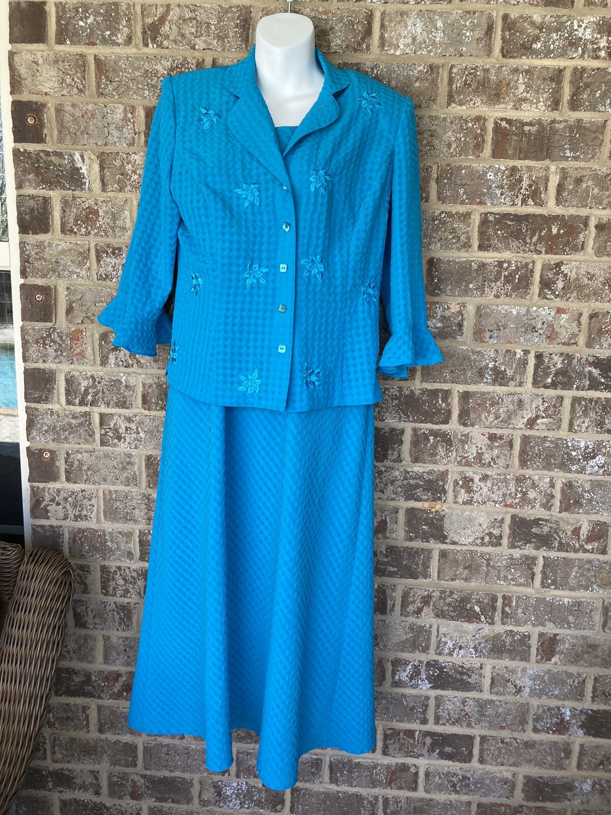 Vintage Plaza Collection Two Piece Dress Sheath And Jacket Set Size 10 Aqua Blue