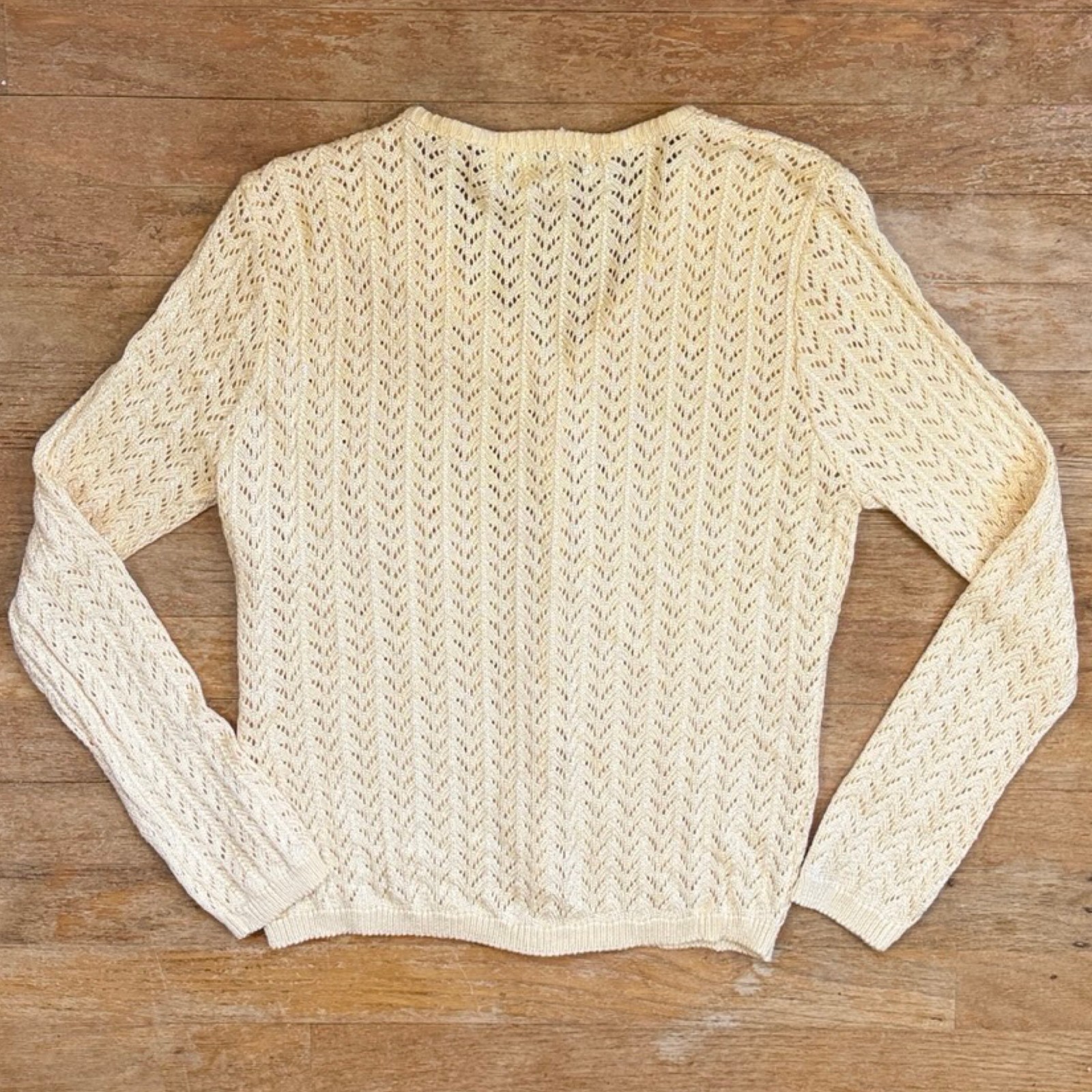 Vintage Butter Yellow Eyelet Cardigan Sweater Size Small 90s Button Up V-Neck