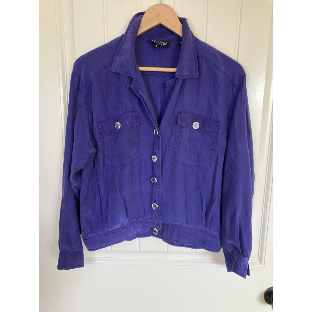 Vtg Carole Little Purple Three Piece Silk Pants Jacket Top Set Size 8P 80s