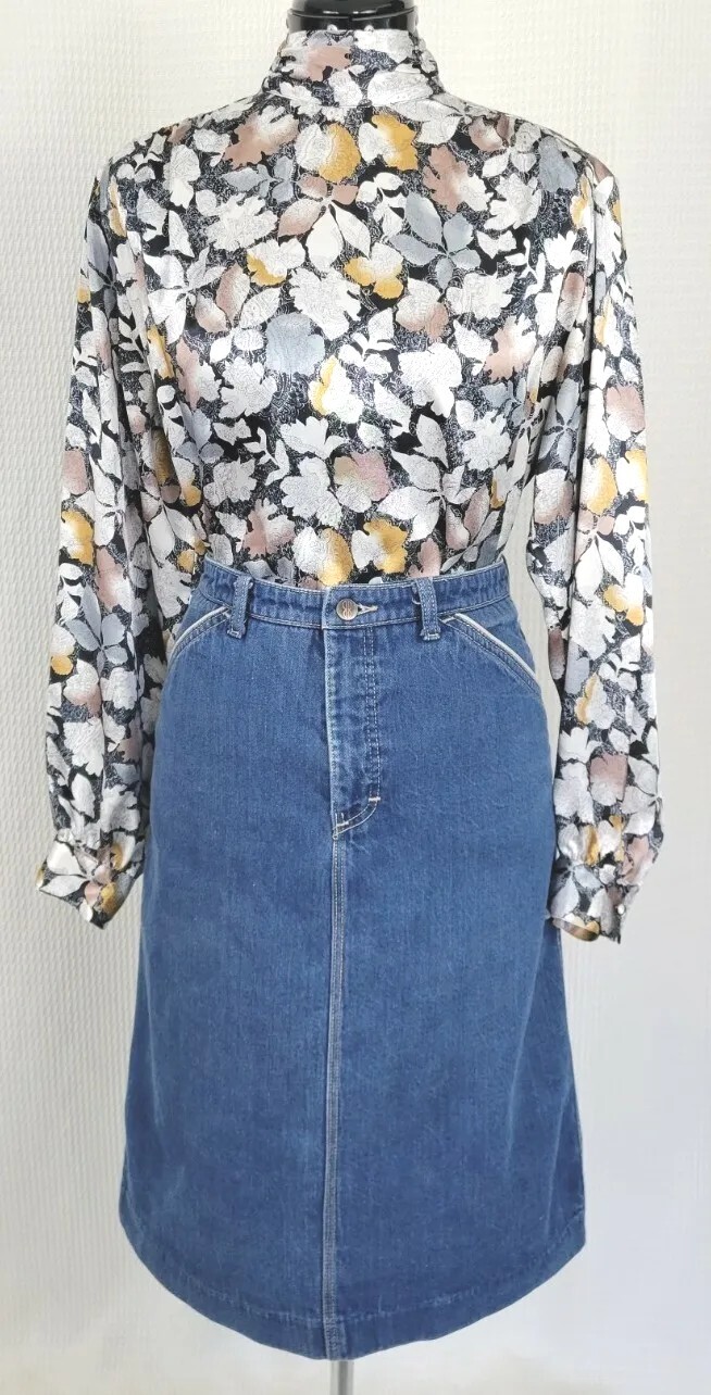 Vtg Notations Black/White/Grey/Brown Paisley Print over Leaf Print Blouse Sz 8