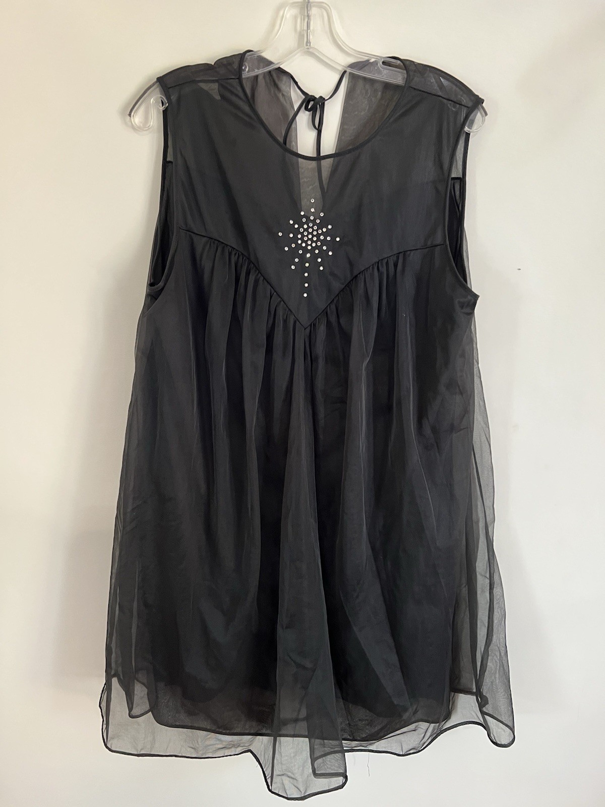 Vintage Sexy Black Sleeveless Sheer Overlay Knee-Length Baby Doll Nightgown L