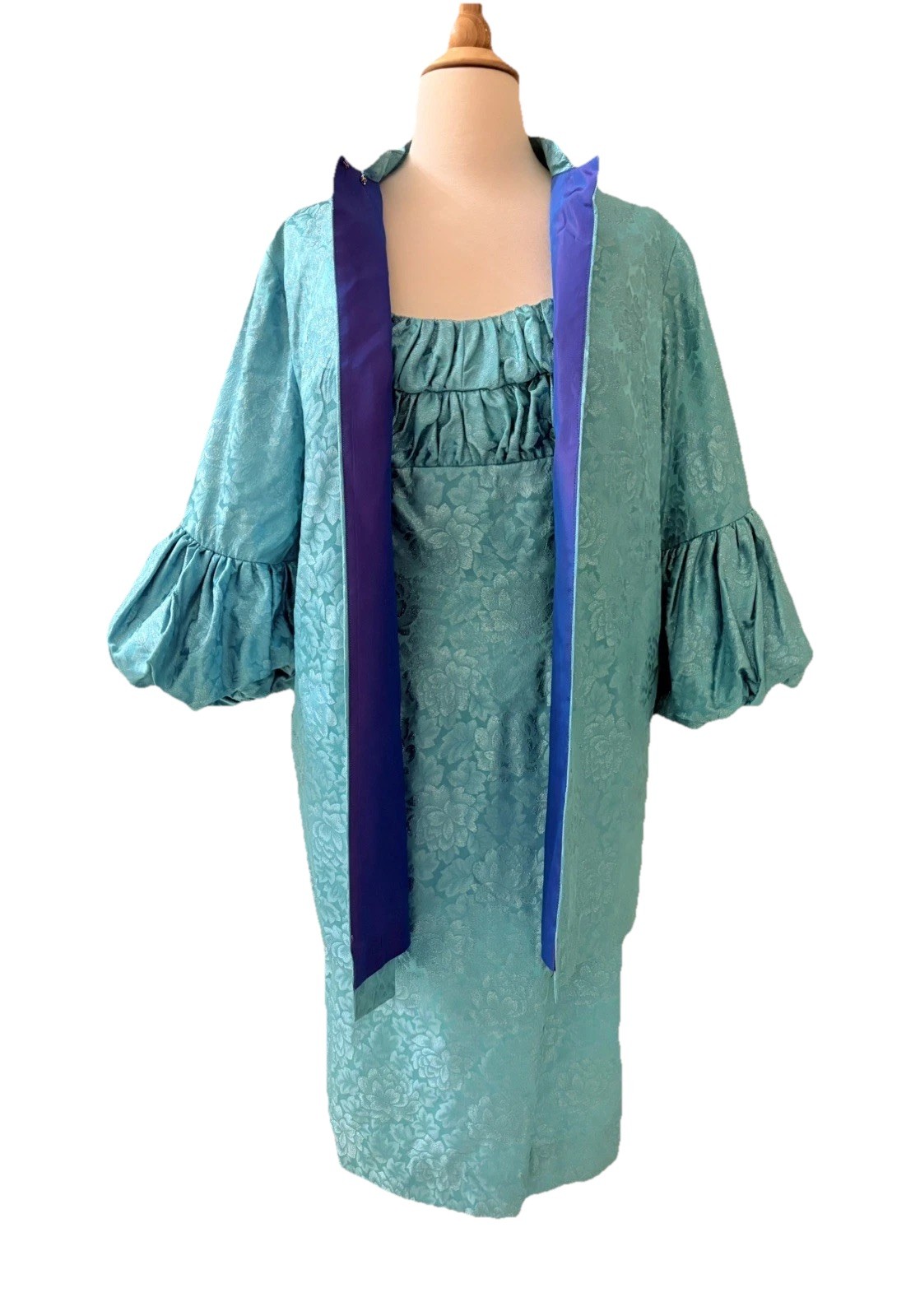 Vintage 60s Teal Blue Floral Metallic Brocade Cocktail Dress Matching Coat S/M
