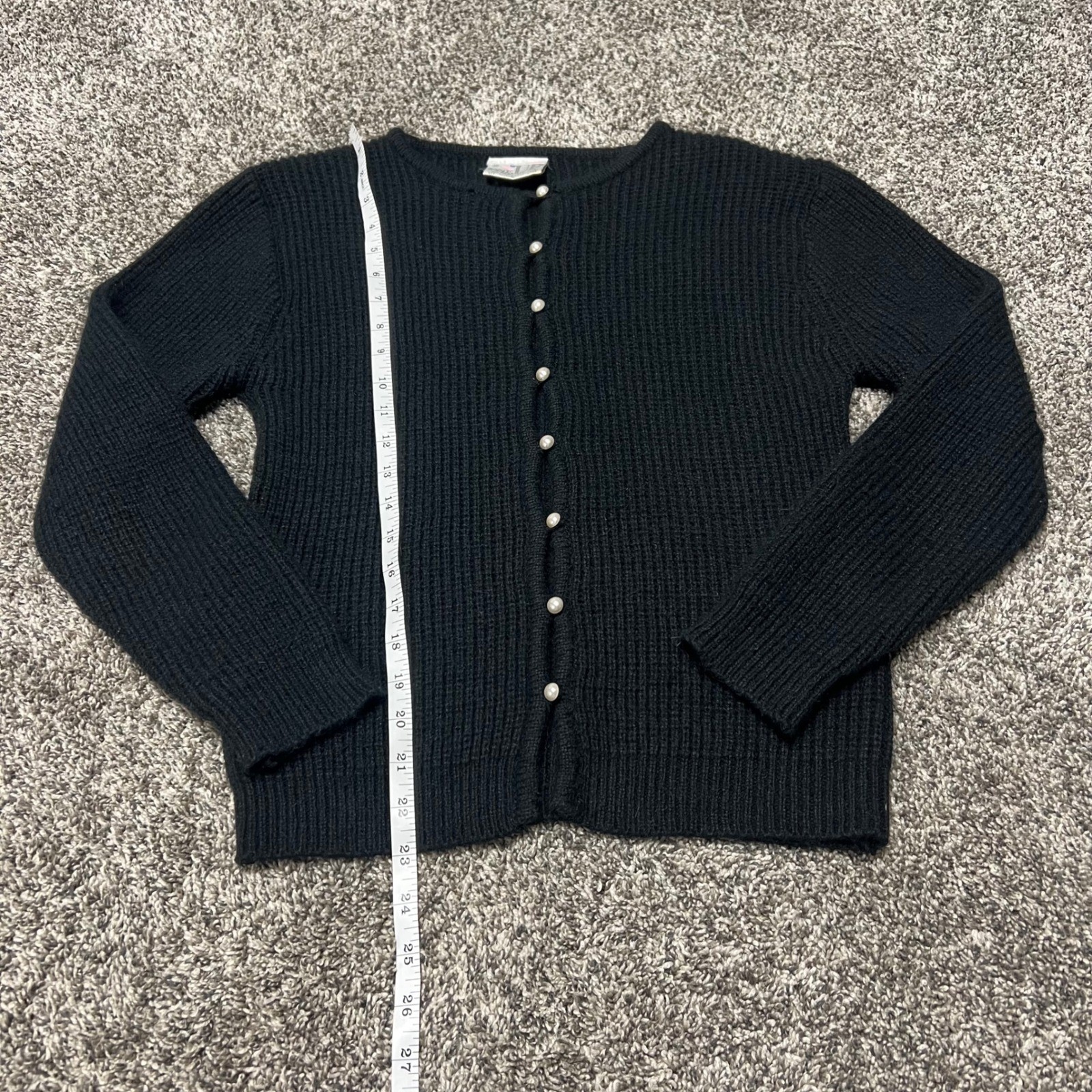 One Step Up Vintage Black Rib Knit Cardigan Wool Blend Faux Pearl Buttons Korea