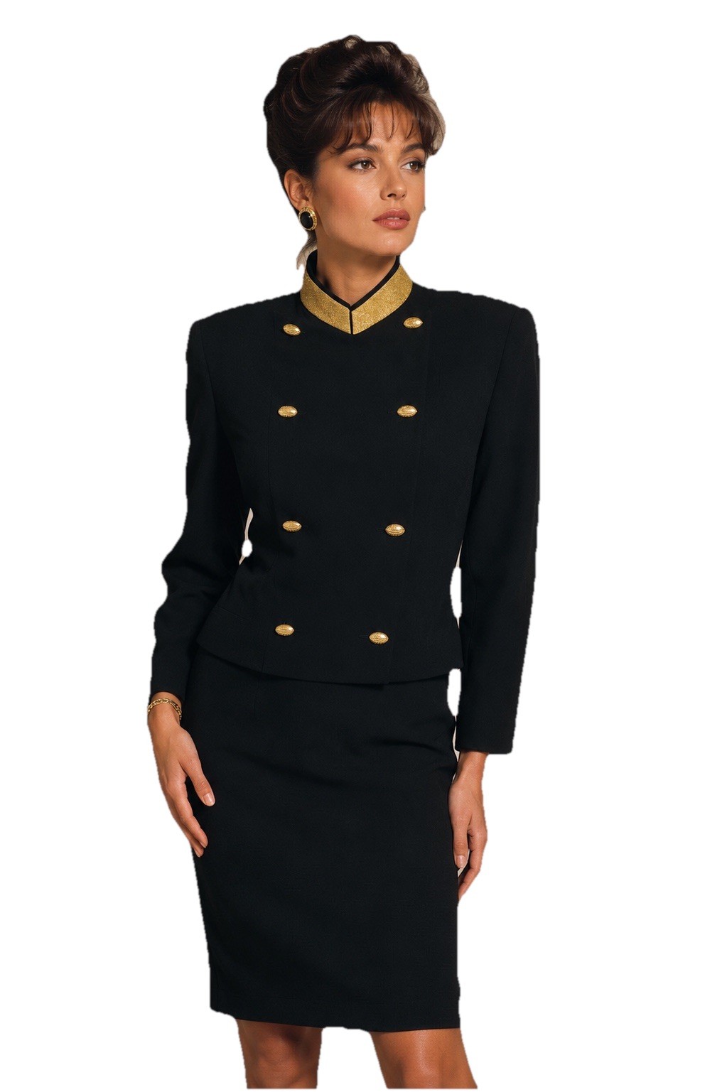 Vintage 80’s Florine Wachter Power Suit Black Gold Power Suit Skirt Set US 12