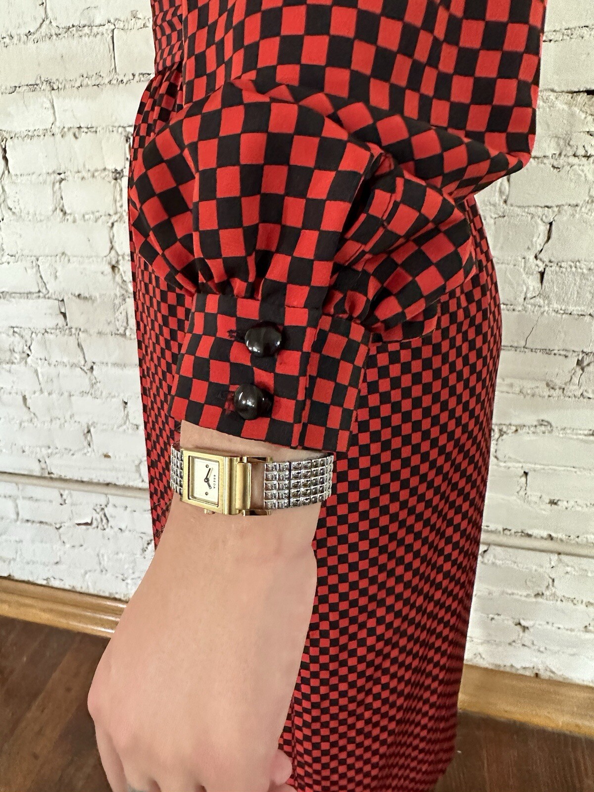 Vintage Albert Nipon Executive Dress 80’s Secretary Red Black Checkerboard S/M