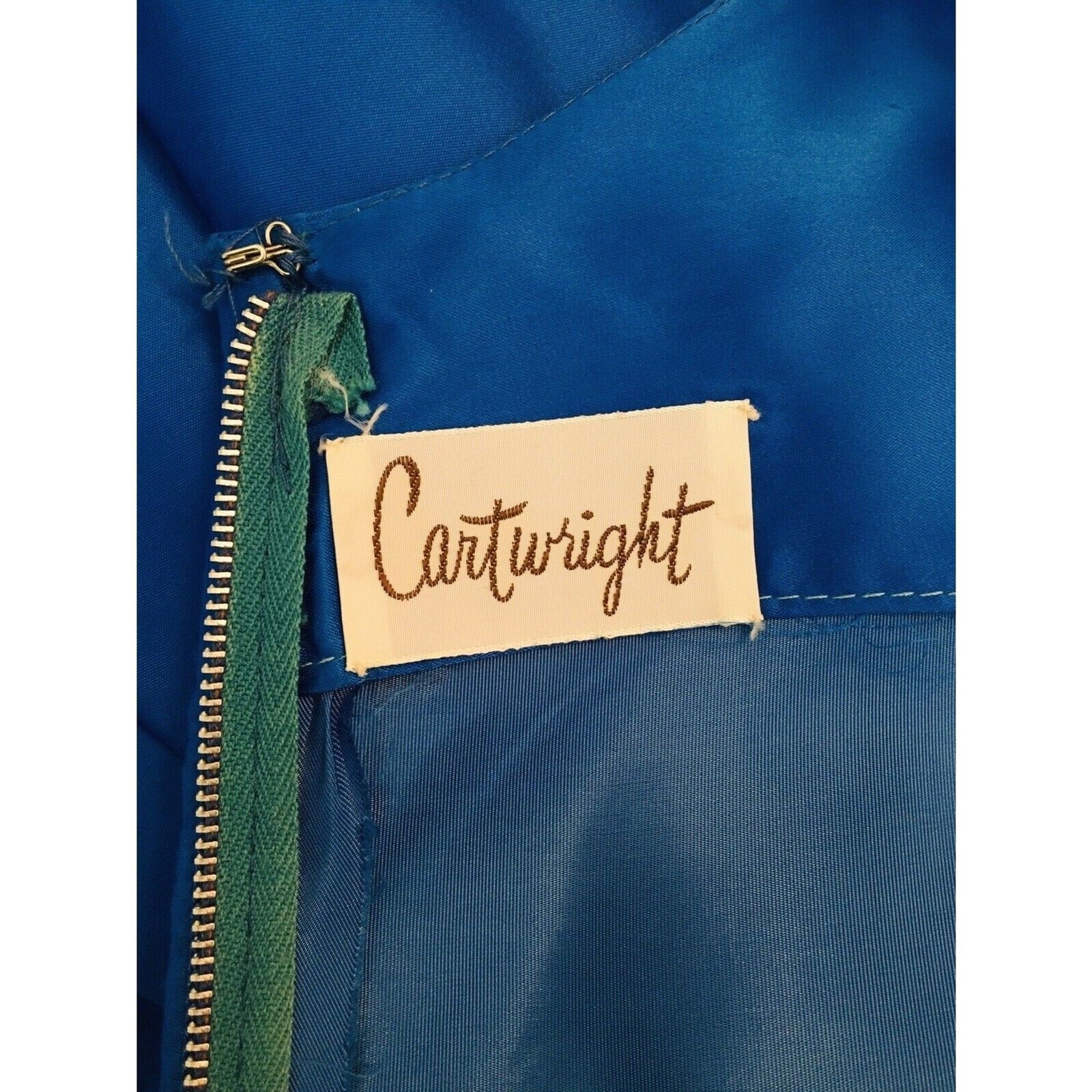 Vintage 1940s Cartwright Blue Satin Jewel Tone Beaded Embroidered Gown Dress